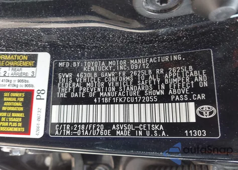 2012 Toyota Camry Se Limited Edition z USA, uszkodzony, nr VIN 4T1BF1FK7CU172055